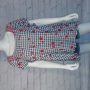 Blue Gingham w Red Stars Top by Lane Bryant Flutter Sleeve Tee 22 24 3X
